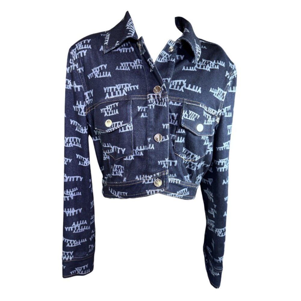 Yitty Womens Cropped Denim Jacket With Allover Logo Print & Button Front - Picture 2 of 12